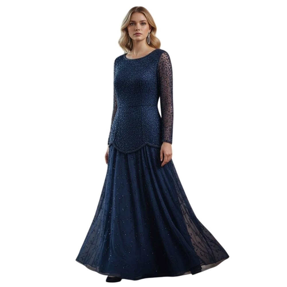 Vintage Peak Evenings Dress Womens 8 Navy Hand Beaded Long Sheer Sleeves Maxi